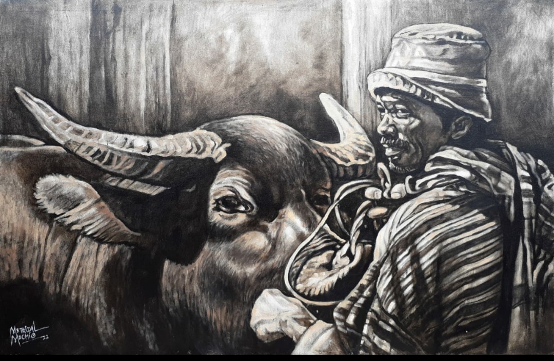 Salah satu lukisan peserta pameran Tambo Art Centre karya Metrizal, Kabau Adu, Cat Minyak, 80 x 120 cm, 2023