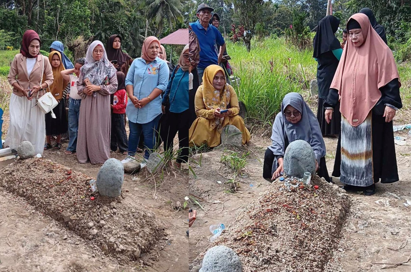 Makam Almarhumah Nia Kurnia Sari (dua foto kiri dan kanan) yang setiap harinya ramai dikunjungi masyarakat dari berbagai daerah di Guguk, Kayu Tanam Padang, Sumatera Barat