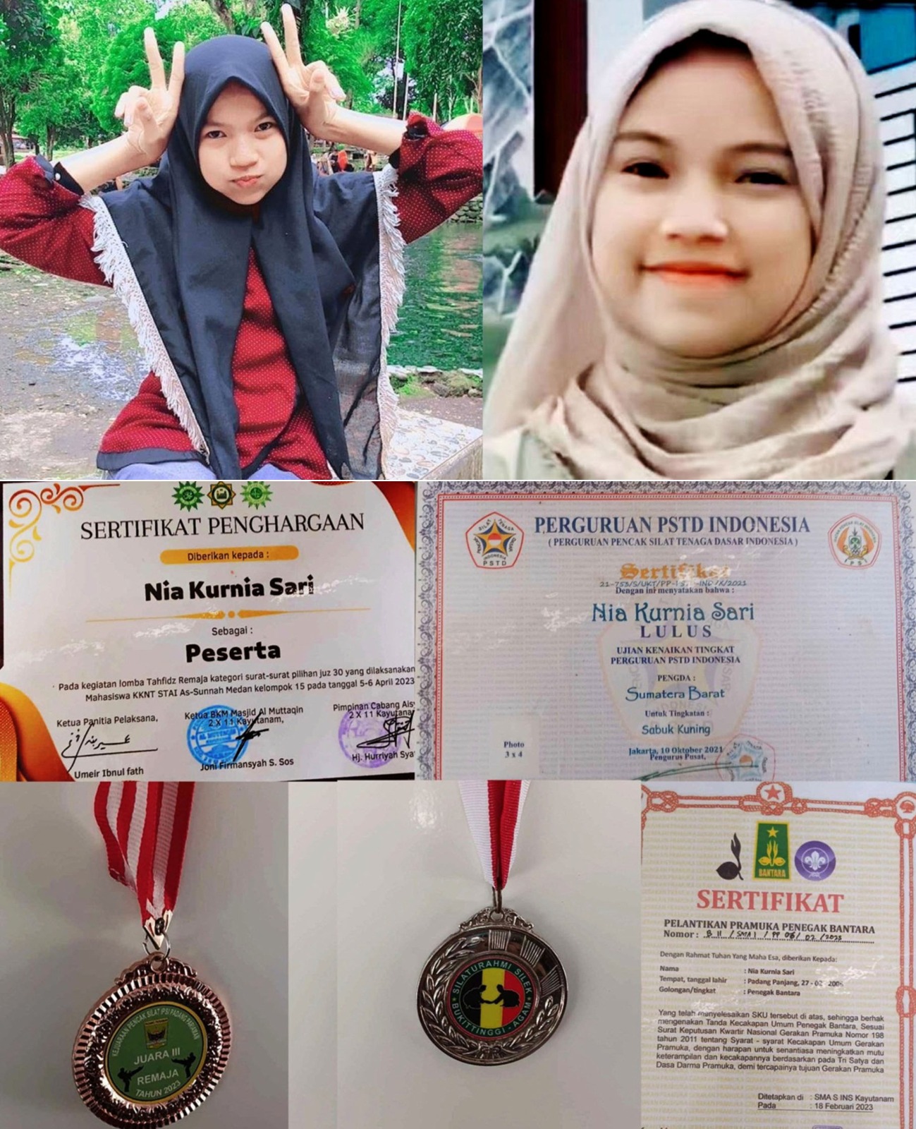 1. Almarhumah Nia Kurnia Sari (18 th) remaja penjual gorengan korban pemerkosaan an pembunuhan di Kayu Tanam semasa memiliki banyak prestasi semasa hidupnya diantaranya juara Tagfidz kategori surat surat pilihan 30 juz tahun 2023 lalu dan lulus Perguruan Pencat Silat Tenaga Dasar (PTSD) Indonesia tingkat sabuk kuning. – (Foto Keluarga/Muharyadi)