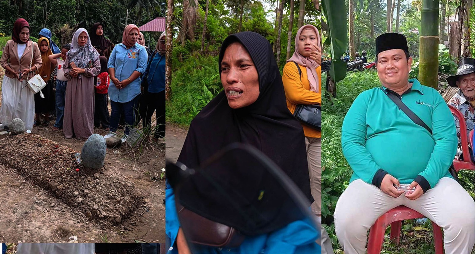 Makam Nia Kurnia yang selalu ramai dikunjungi masyarakat dari berbagai daerah (kiri) sejak dimakamkan hingga kini sebulan penuh, tengah ibu almarhumah Ely Marlina, paling kanan mamak suku Koto Pasar Surau Kayu Tanam, Naswandi DT. Tumangguang – Foto : Muharyadi --